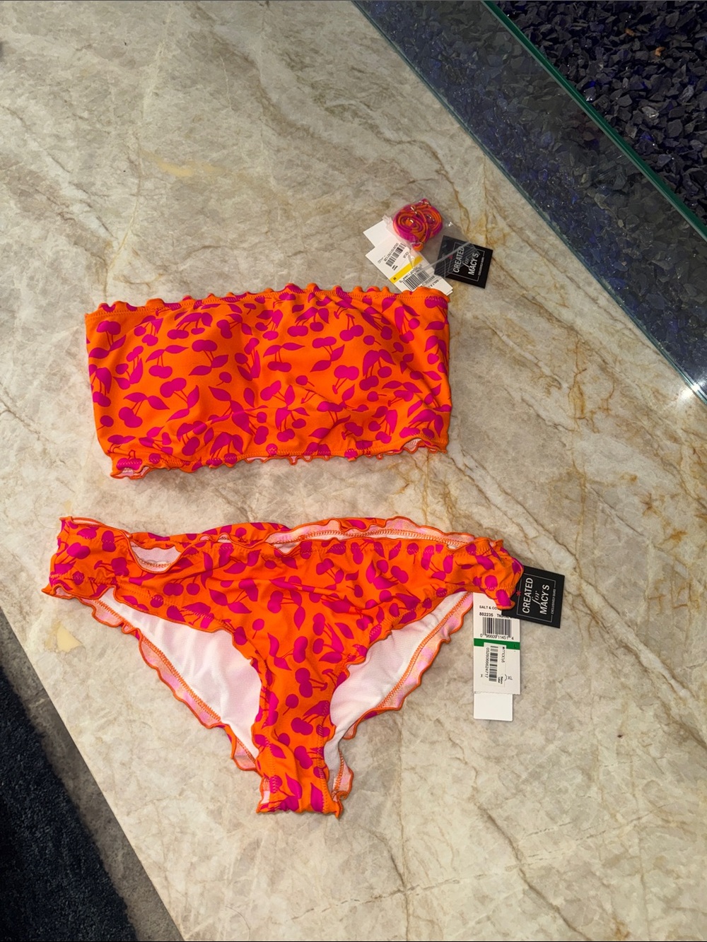 Salt + Cove Orange Bandeau Bikini Set with Pink Leaf Print